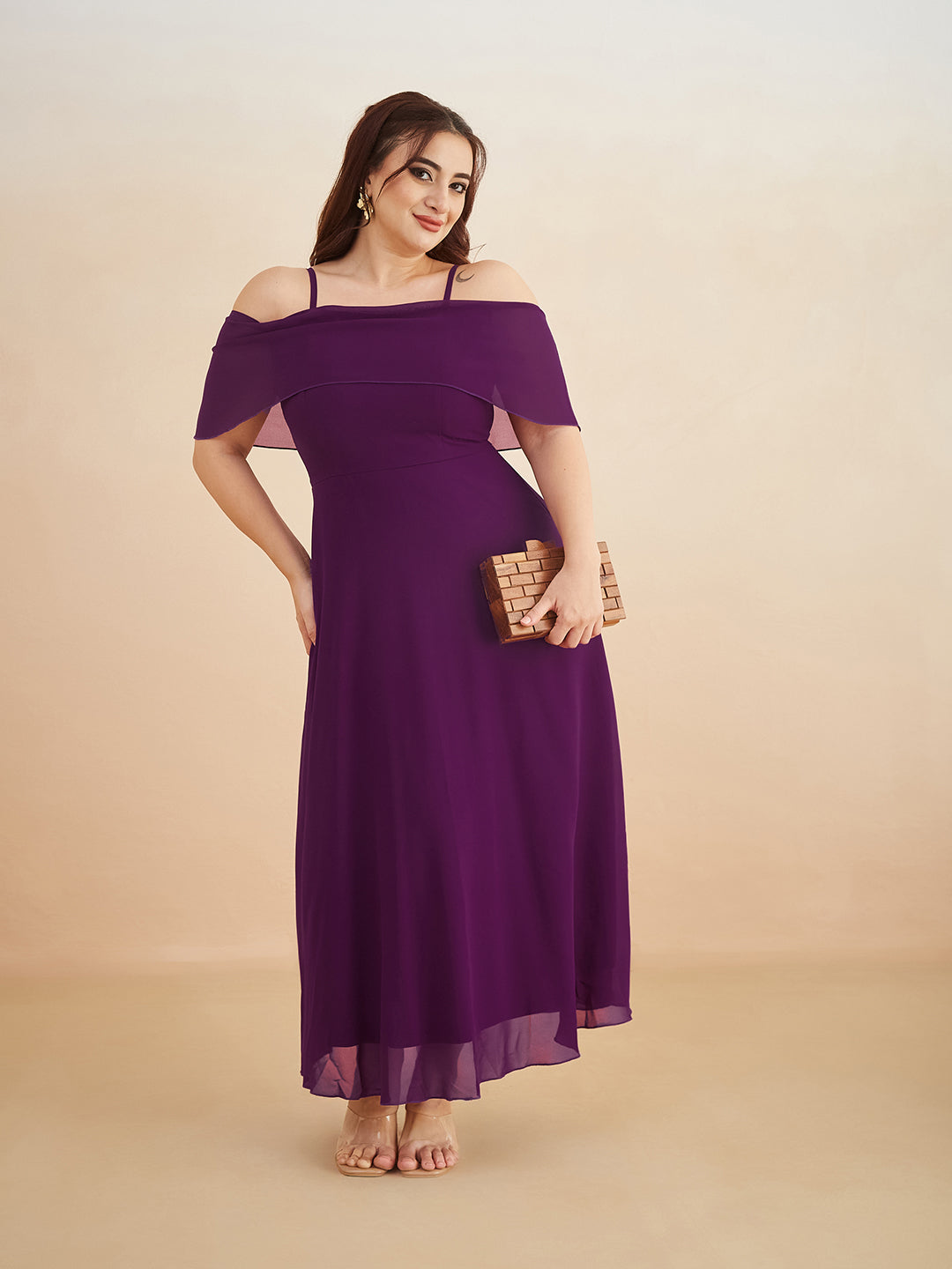 Purple Bardot Style Sleeveless Spaghetti Strap Solid Off Shoulder Midi Skater Dress for Women
