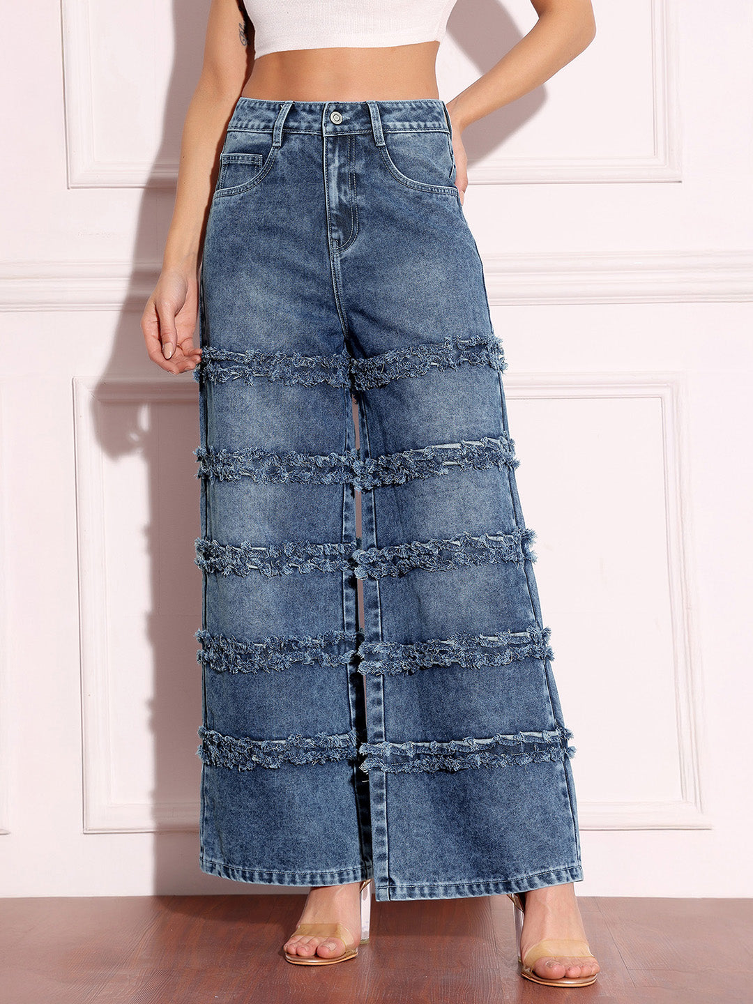 Women's Navy-Blue Wide-Leg High-Rise Highly-Distressed Regular-Length Denim Jeans