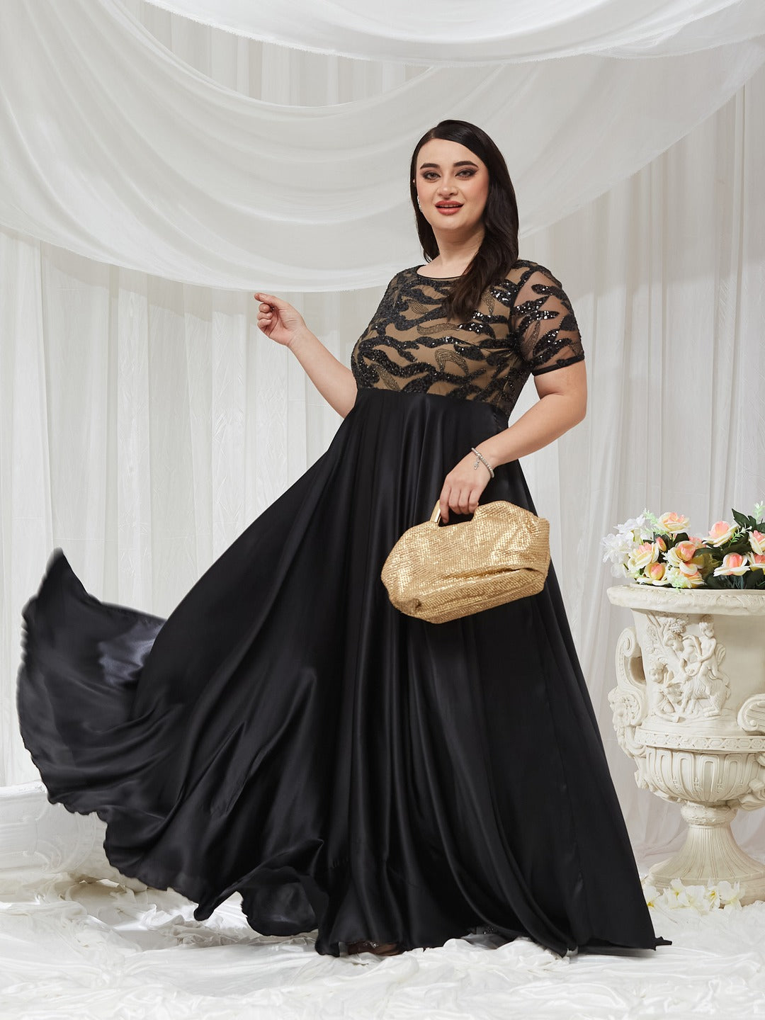 Black Boat-Neck Short Sleeve Abstract Fit and Flare Satin Maxi Dress for Women