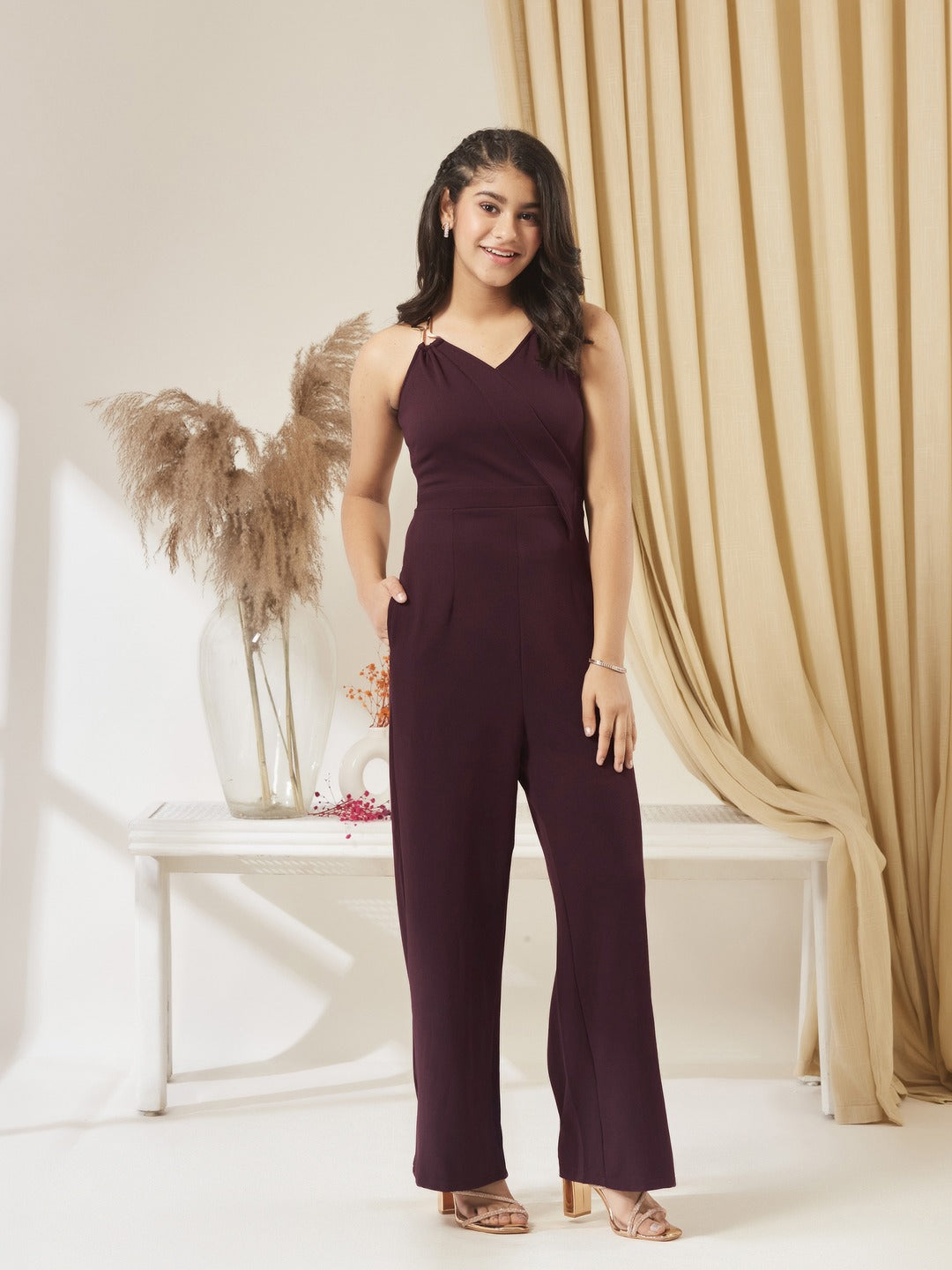 Wine V-Neck Sleeveless Solid Wrap Regular Jumpsuit for Girls/Teenagers