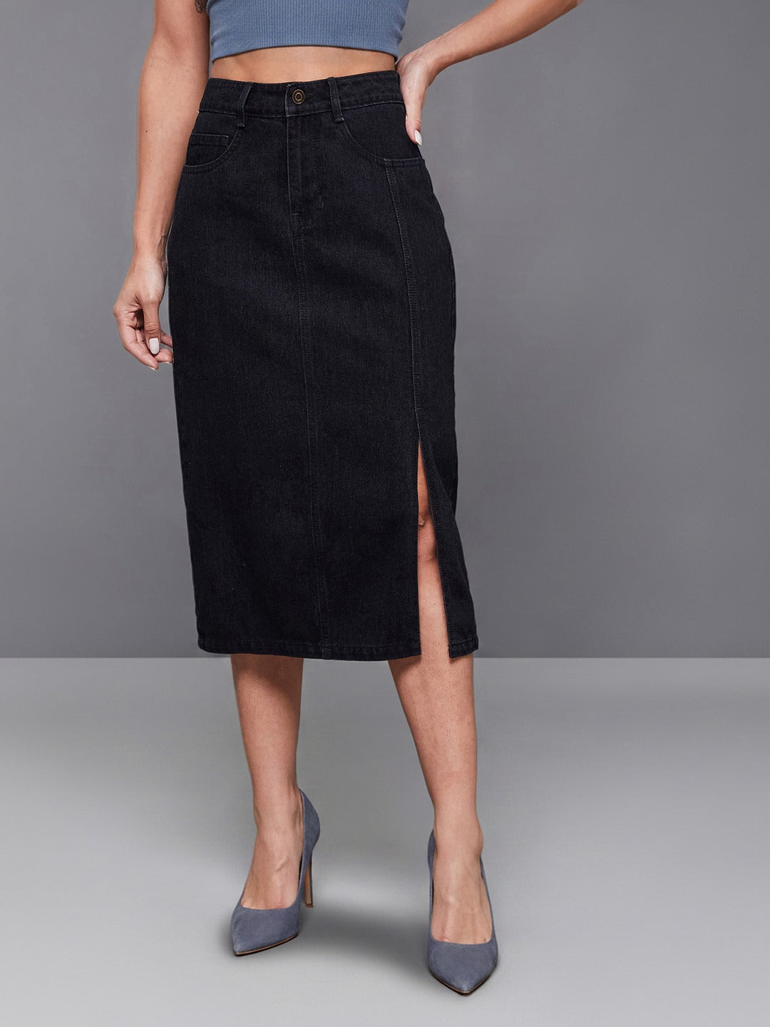 Black Straight-Fit High-Rise Stretchable Denim Midi Skirt for Women