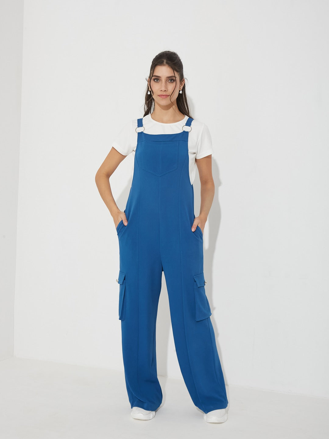 Solid Blue Dungarees for Women