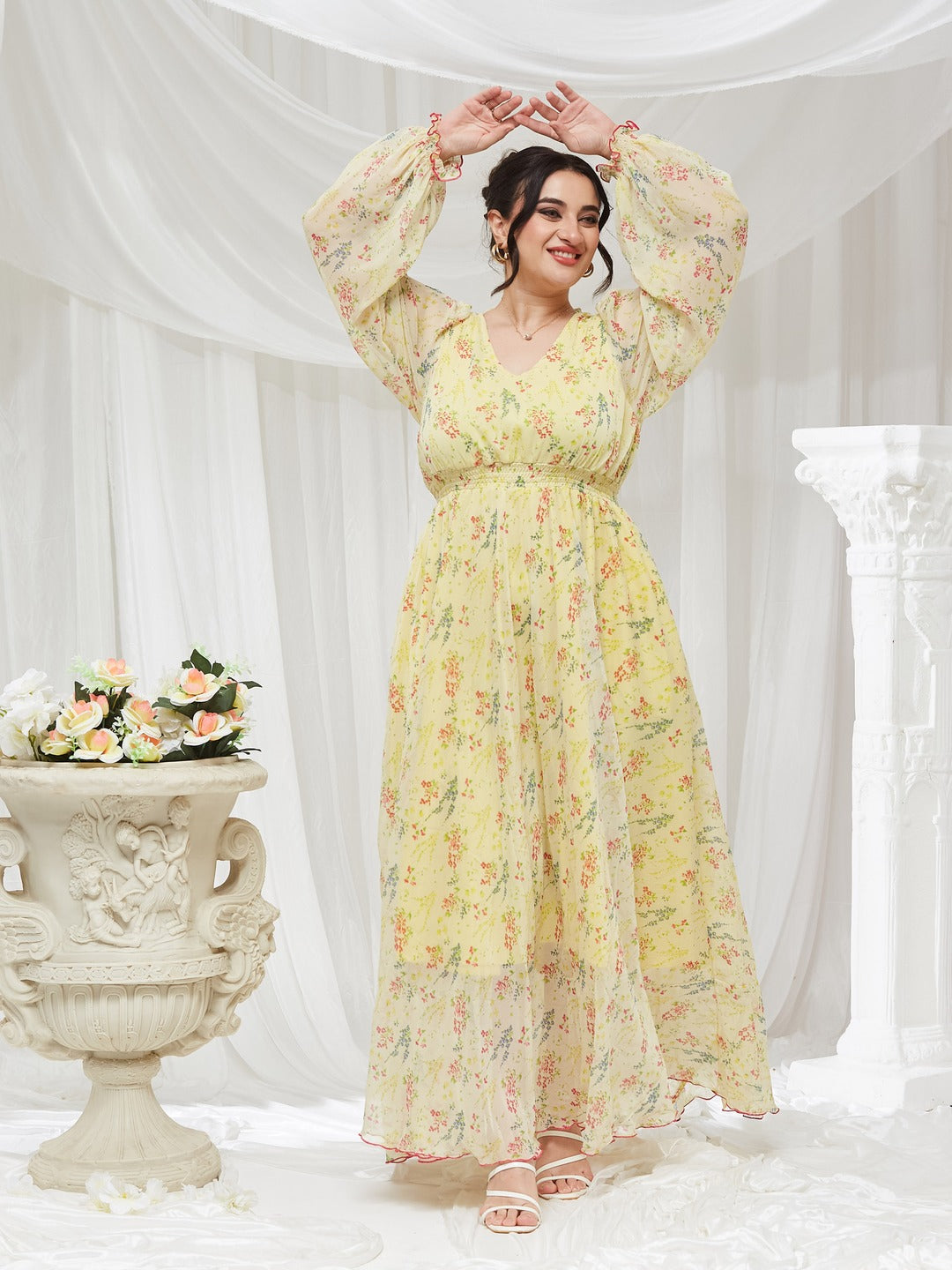Lime Yellow V-Neck Bishop Sleeve Floral Gathered Chiffon Maxi Dress for Women