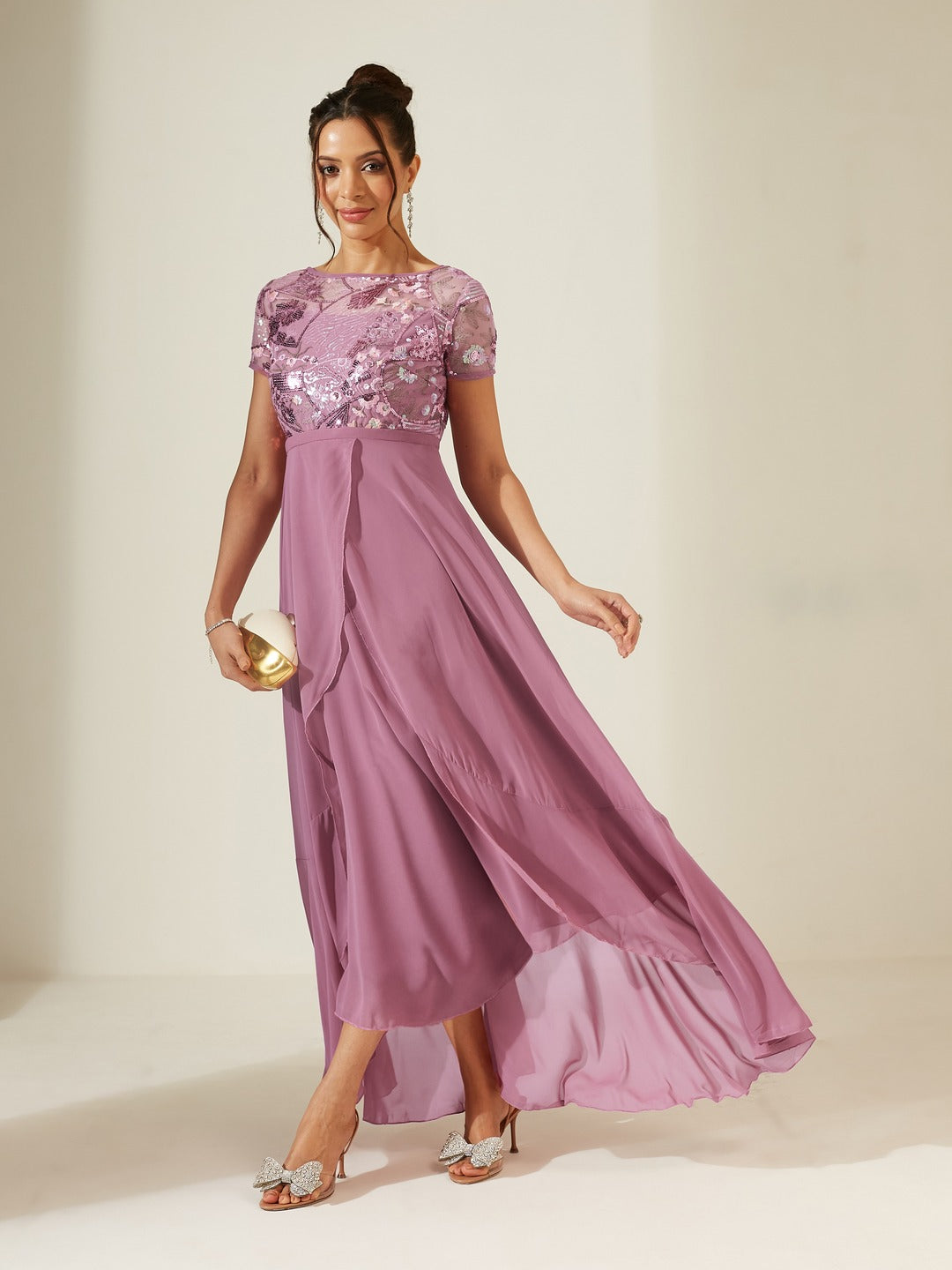 Dusty Lavender Round Neck Short Sleeve Floral Layered Georgette Midi Dress for Women