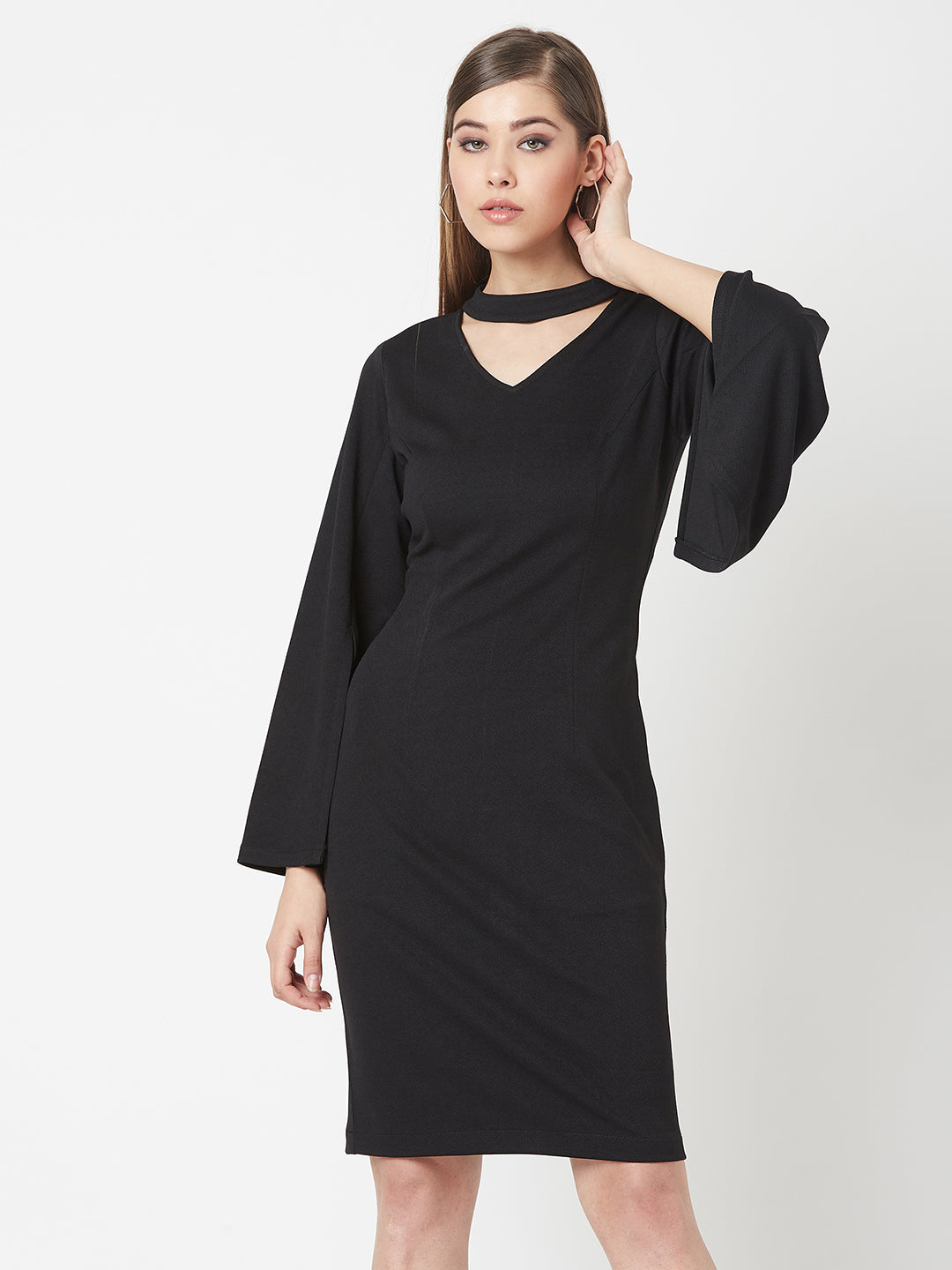 Crease Ease Women's Black V-Neck Flared Sleeve Solid Bodycon Knee-Long Dress