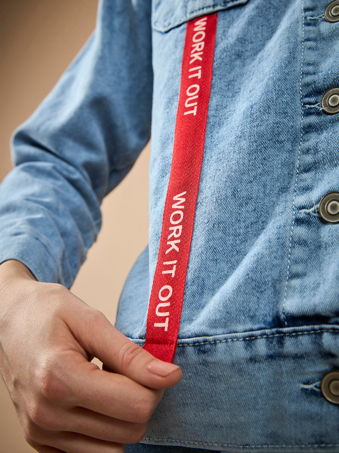 Women's Light Blue Collared Full Sleeve Buttoned Twill Tape Detailing Solid Denim Jacket