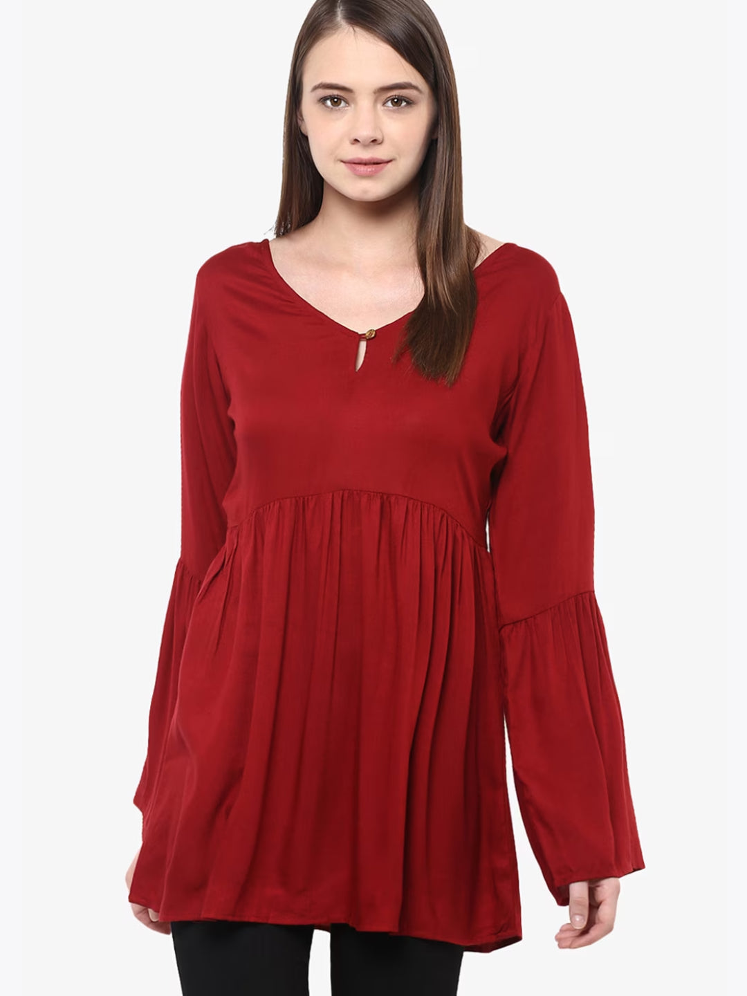 Women's Maroon V-Neck Full Sleeves Deep Back Gathered Bell Sleeves Top