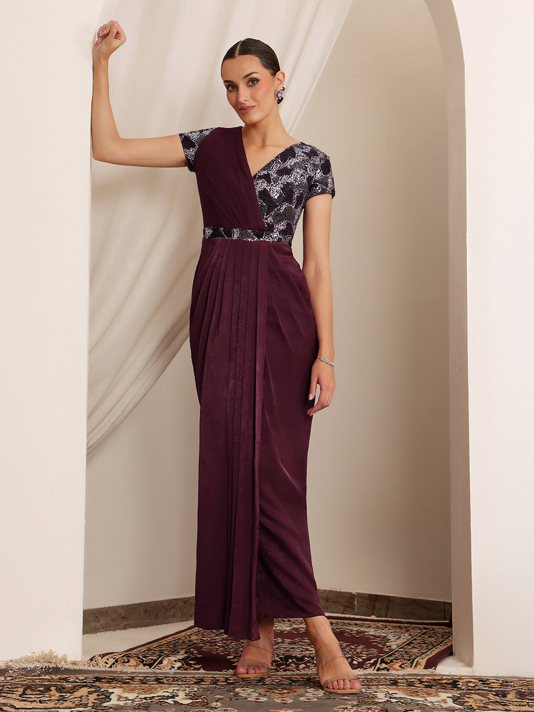Women's Wine V-Neck Short Sleeve Embellished Pleated Satin Maxi Dress