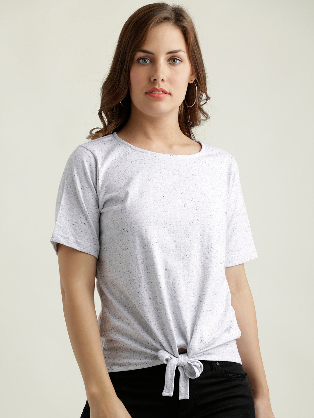 Women's Grey Round Neck Half Sleeves Solid Knotted Textured Top
