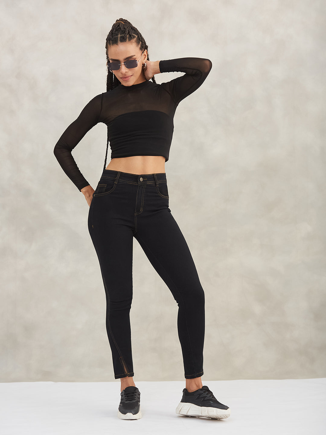 Women's Black Skinny High-Rise Side-Slit Solid Stretchable Denim Jeans