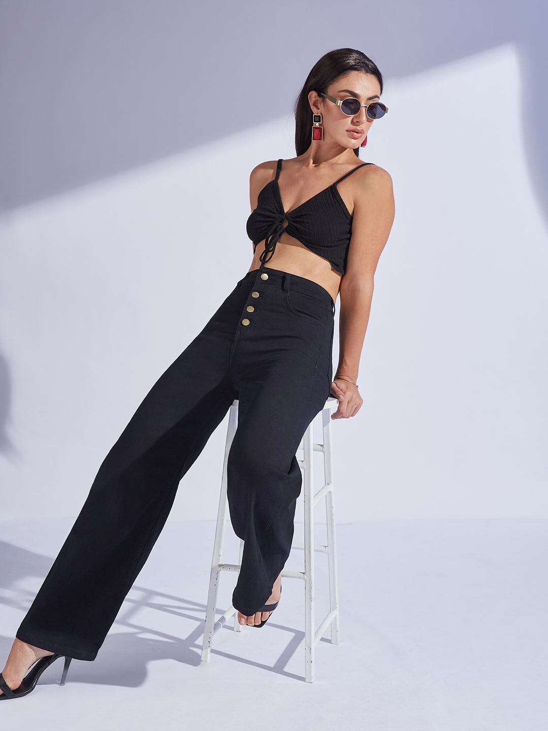 Women's Black Wide Leg High-Rise Stretchable Denim Jeans