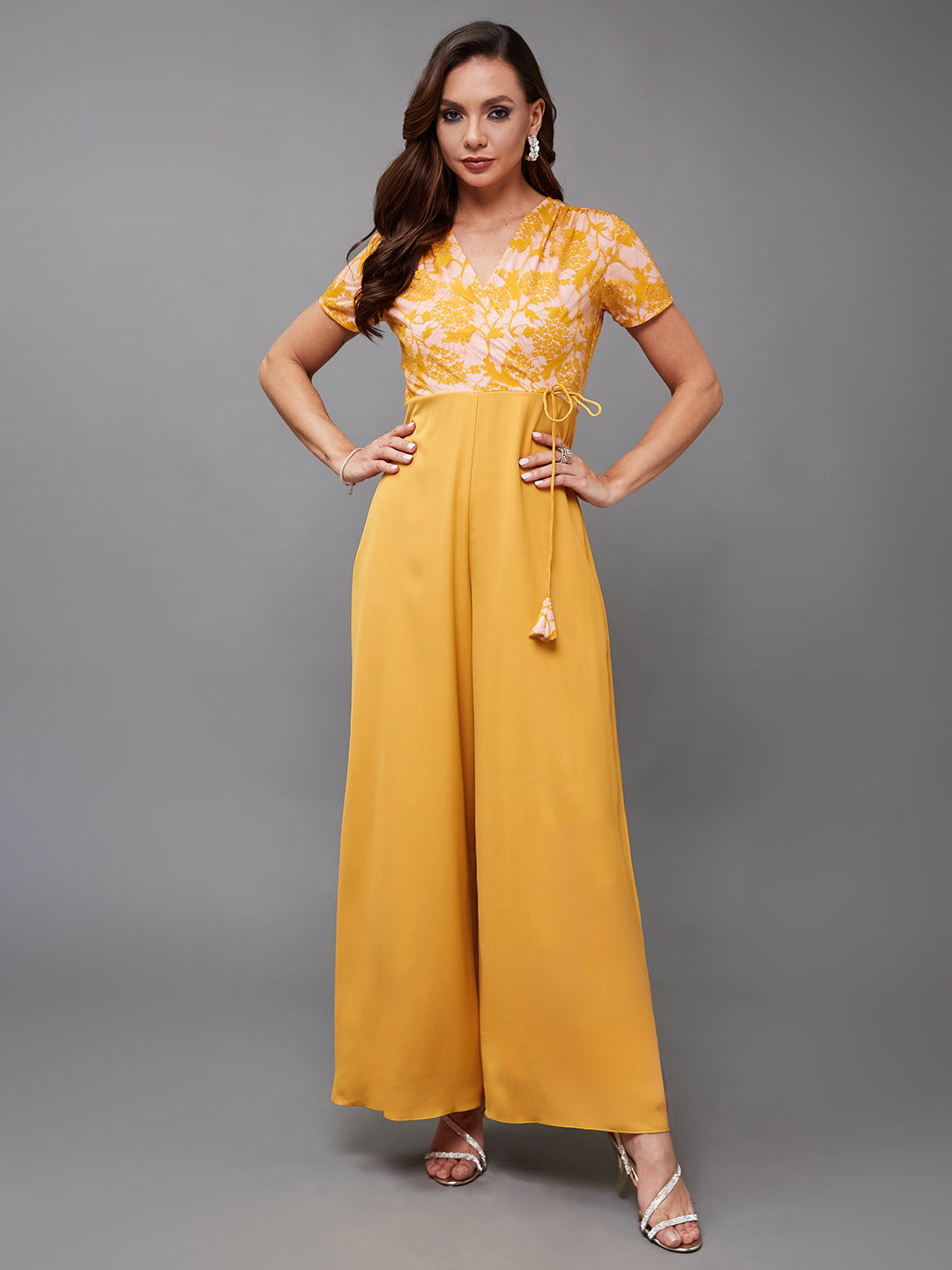 Women's Mustard V-Neck Half Sleeve Self-Designed Wrap Crepe Jumpsuit