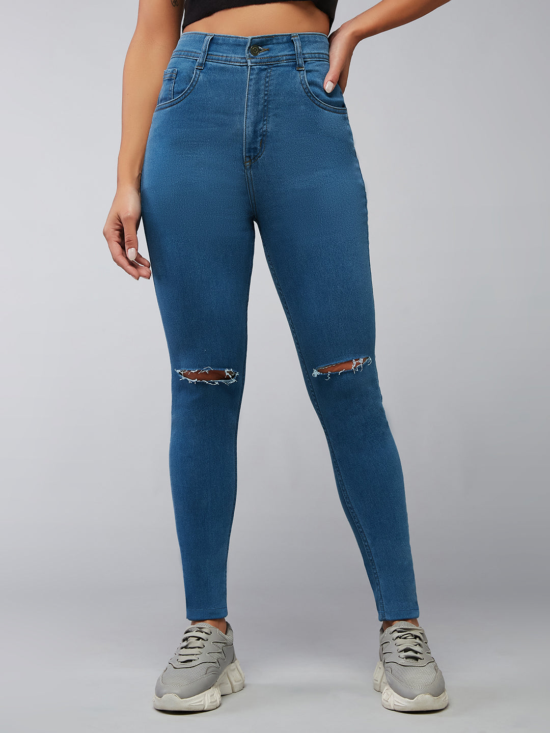 Women's Blue Skinny Fit High Rise Mildly Distressed Regular Stretchable Denim Jeans