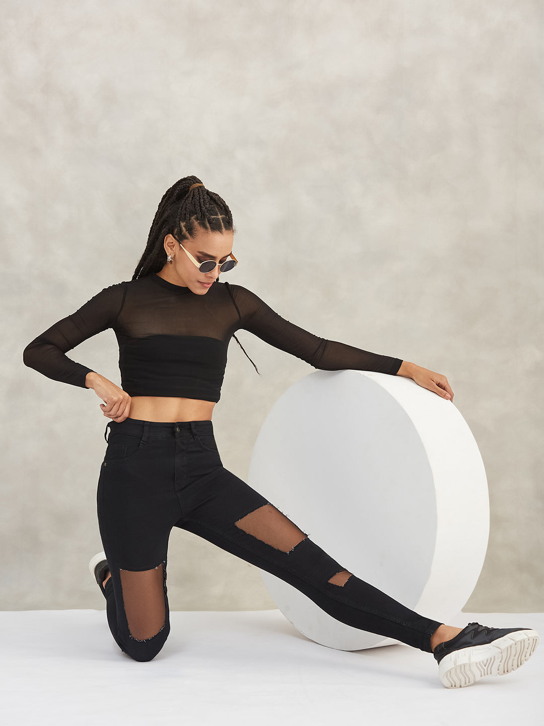 Women's Black Slim-Fit High-Rise Mild-Distress Ripped Net Detailing Denim Stretchable Jeans