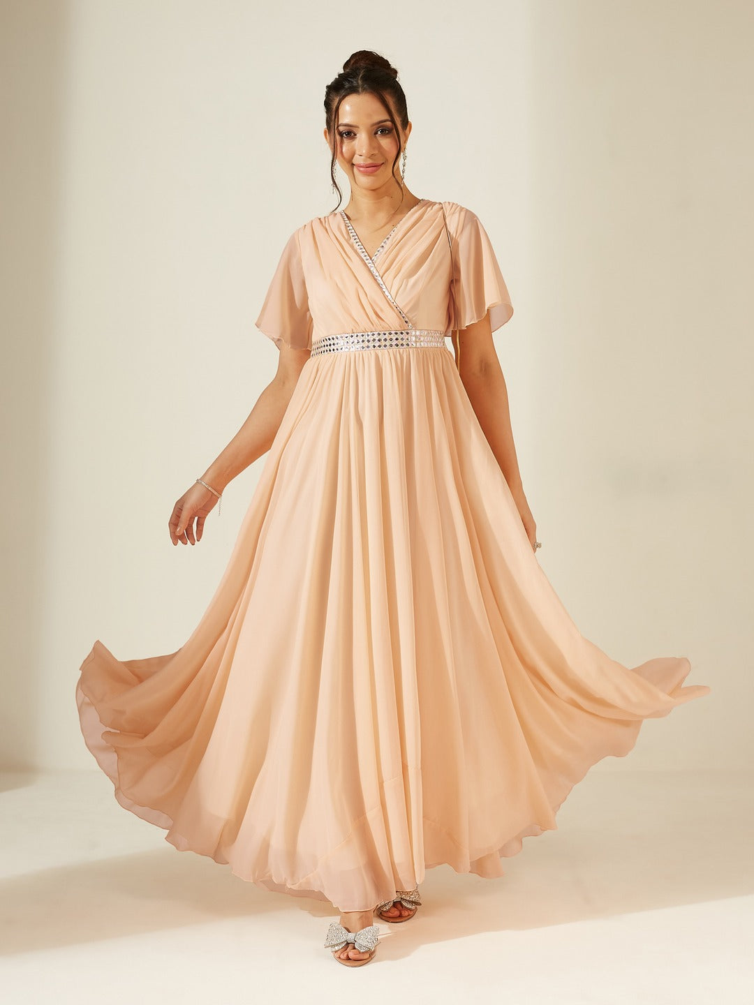Peach V-Neck Flared/ Bell Sleeves Georgette Solid Fit & Flare Maxi Dress for Women