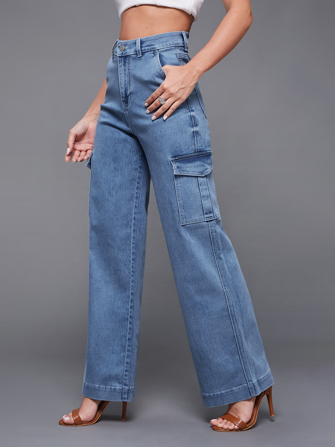 24/7 Comfort Women's Light Blue Wide Leg High Rise Stretchable Flared Cargo Denim Jeans