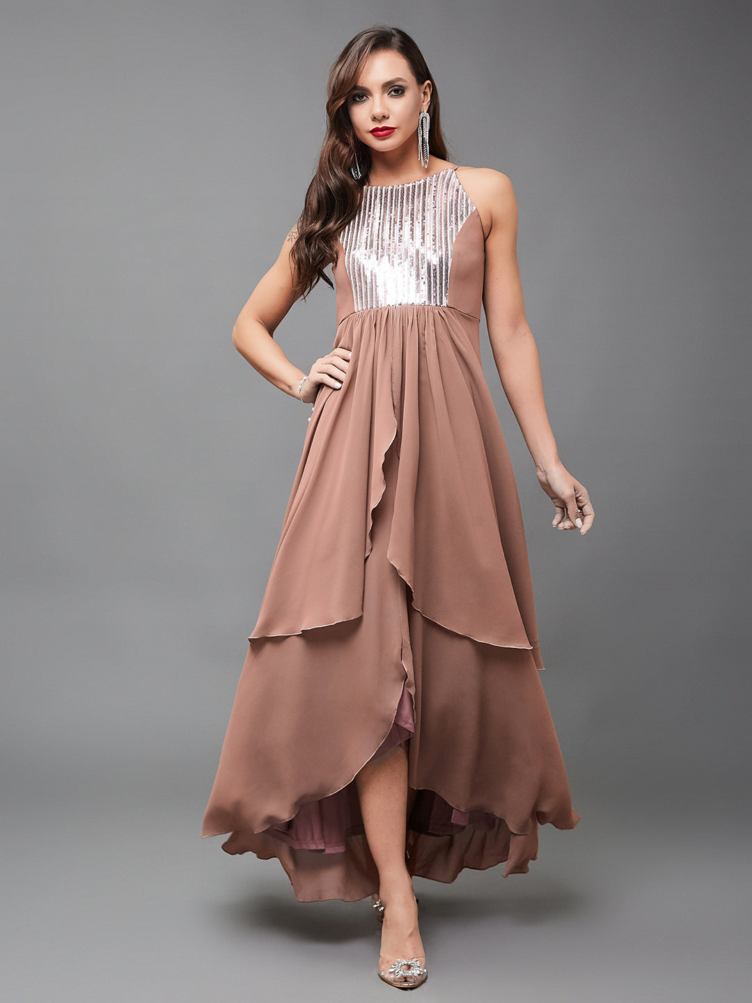 Women's Multicolored-Base-Dusty Peach Halter Neck Sleeveless Embellished Layered Georgette Maxi Dress
