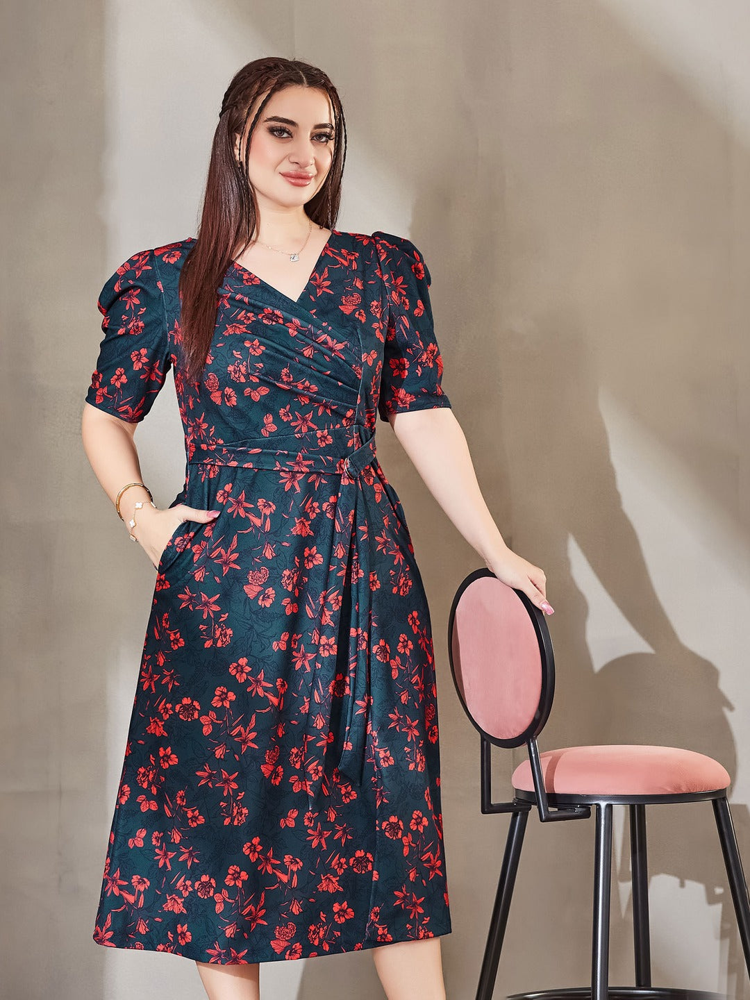 Teal V-neck Puff Sleeve Floral Wrap Midi Dress for Women