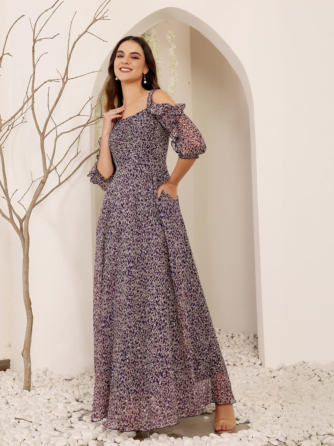 Women's Multicolored-Base-Purple Sweetheart Cold Shoulder Floral Ruched Chiffon Maxi Dress