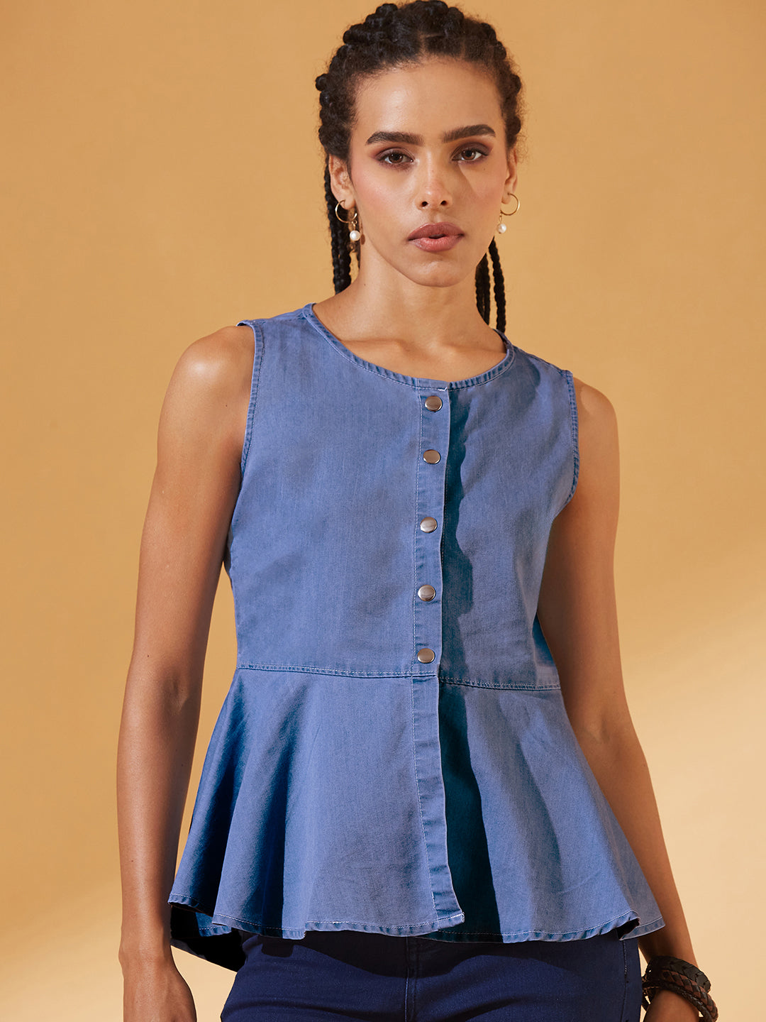 Blue Round Neck Sleeveless Denim Front Open Solid Hooded Peplum Top for Women