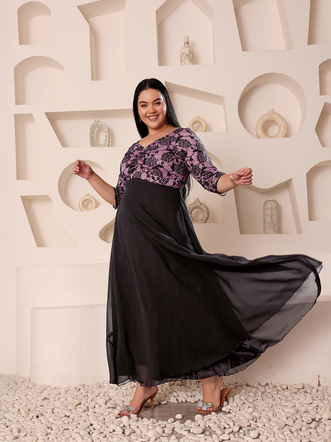 Body Bliss Black And Lavender Sweet heart neck Three-Quarters Sleeve Self-Design Fit & Flare Maxi Dress