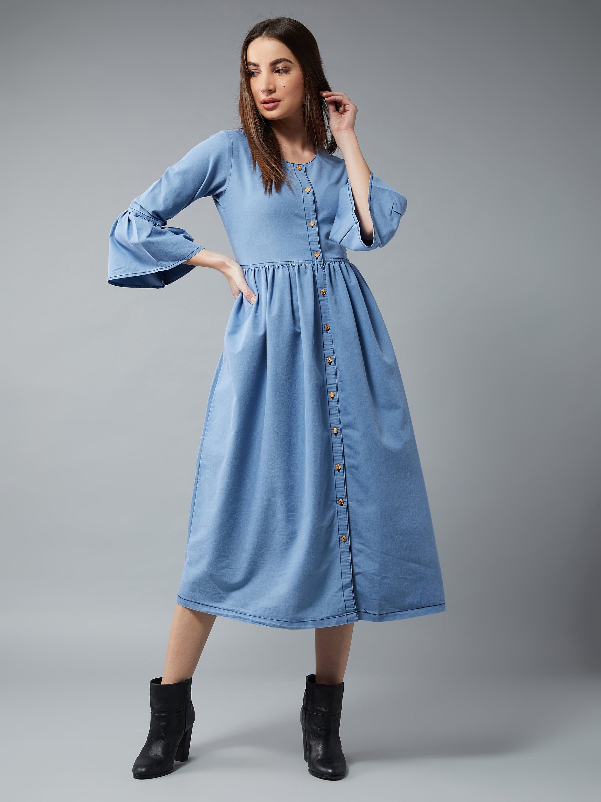 Women's Light Blue Round Neck Ruffled Full Sleeve Denim Solid Buttoned Midi Dress
