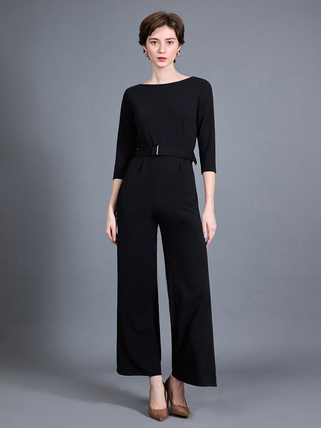 Women's Black Round Neck 3/4 Sleeve Solid Belted Wide leg Side Slit Maxi Jumpsuit