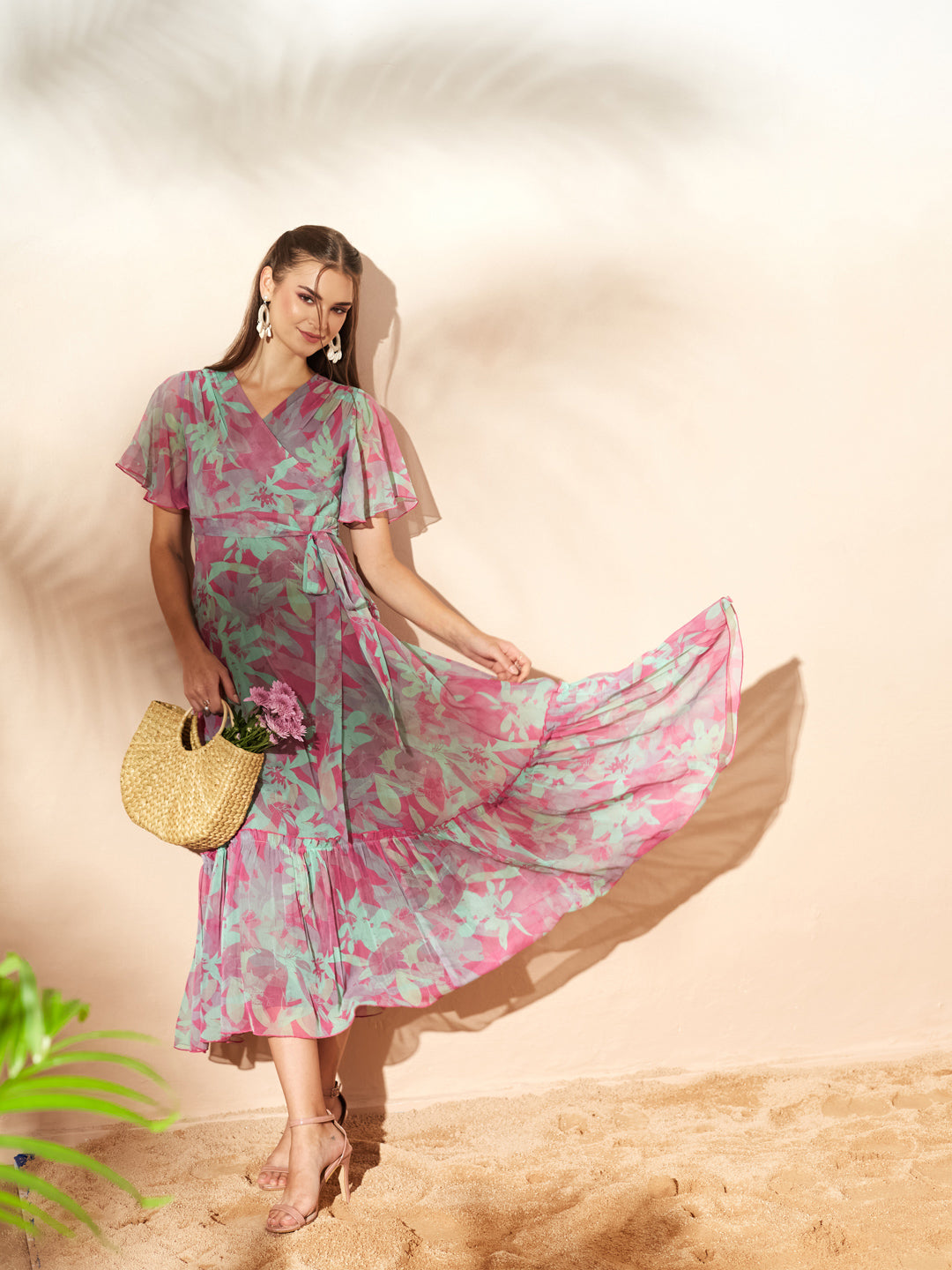 Pink & Mint Floral Printed Flutter Sleeves Maxi Dress for Women