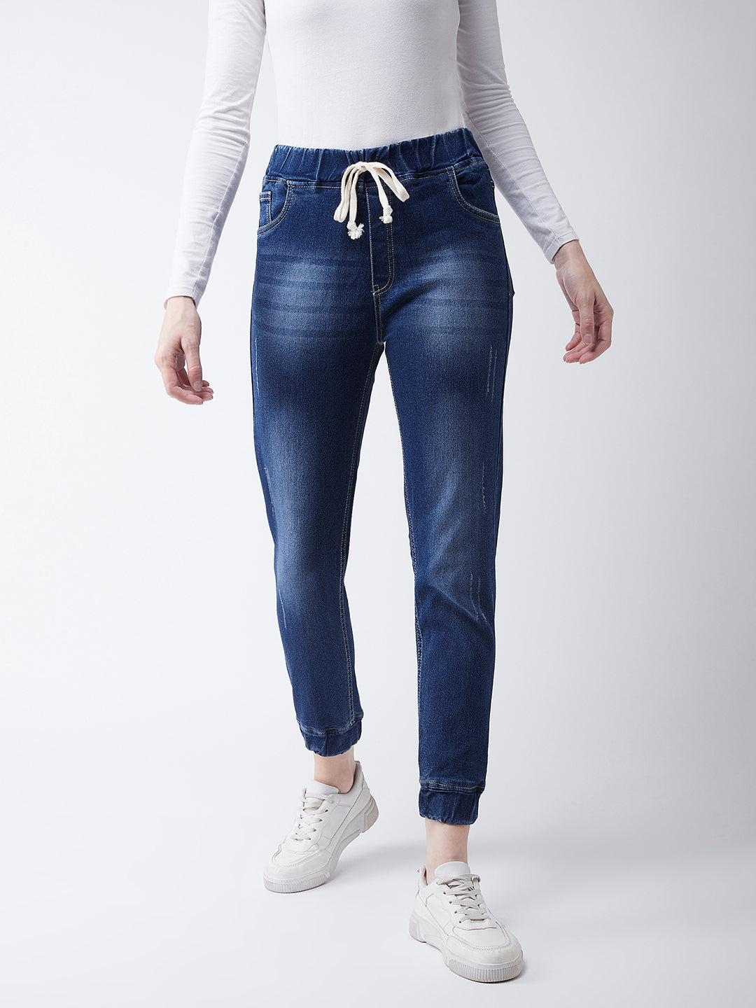 Women's Navy Blue Relaxed Fit Mid Rise Regular Length Scraped Denim Stretchable Jogger Pants