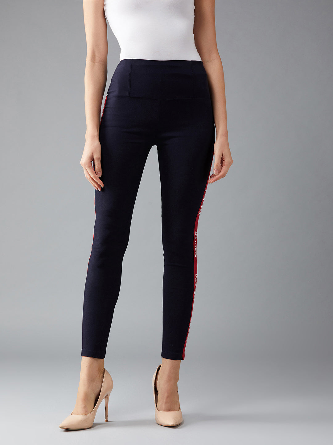 Women's Navy Blue Twill Tape Detailing Solid High Waist Regular Length Patch Pocket Treggings