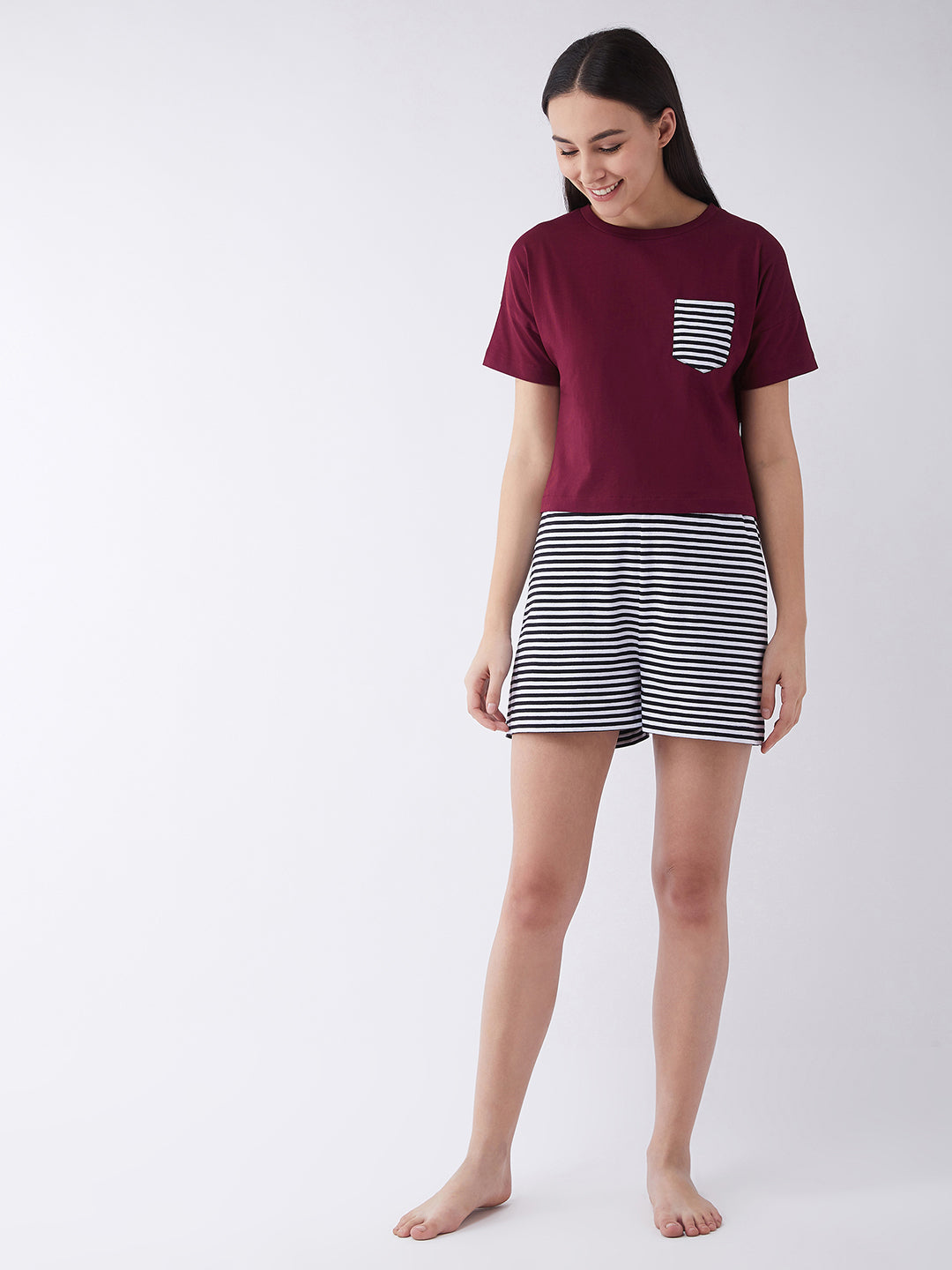 Women's Maroon and white Round Neck Short Sleeves Regular Length Striped Top and Shorts Set