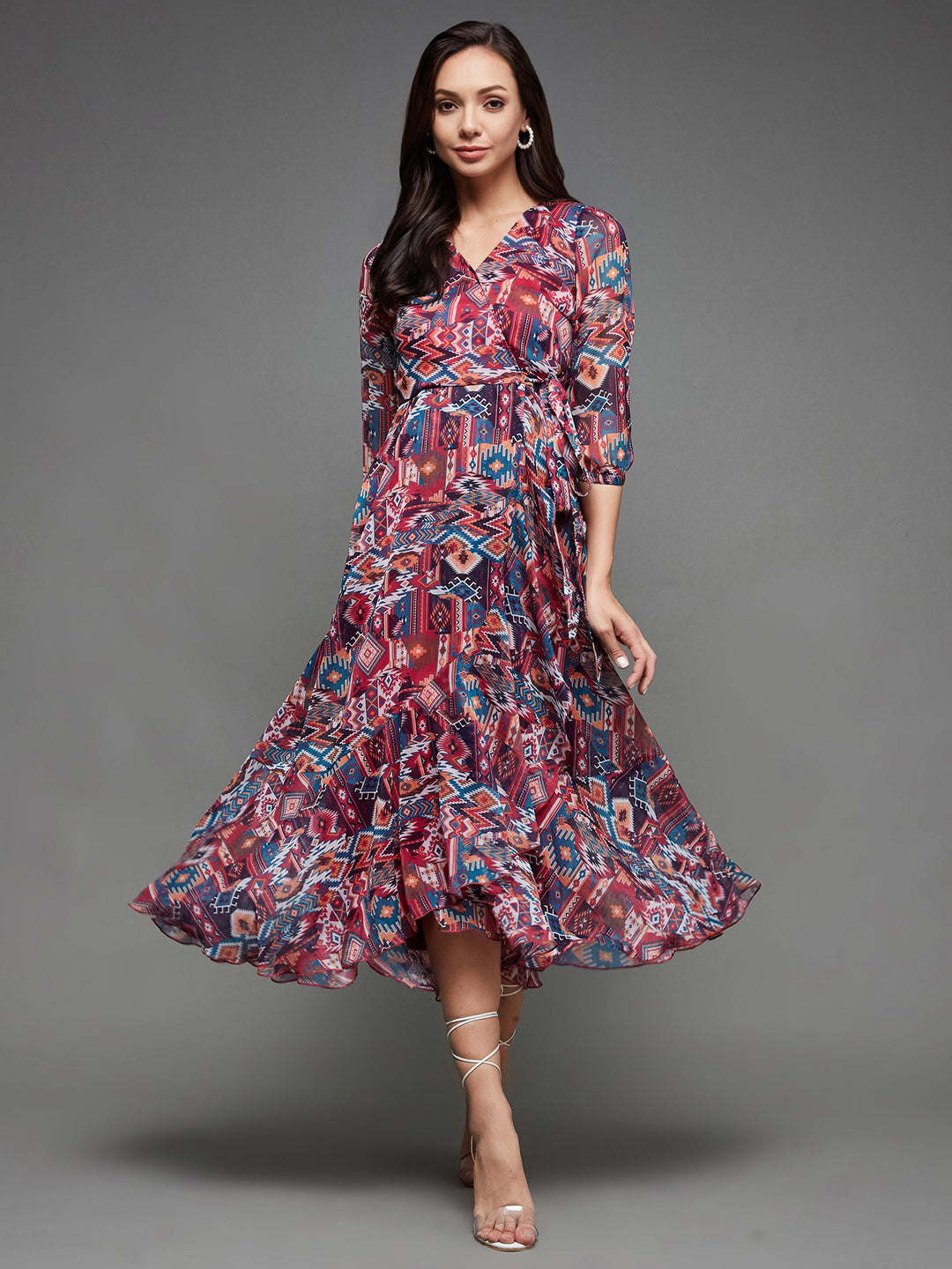 Women's Multicolored V-Neck Three-Quarter Sleeve Geometric Patterned Wrap Midi Chiffon Dress