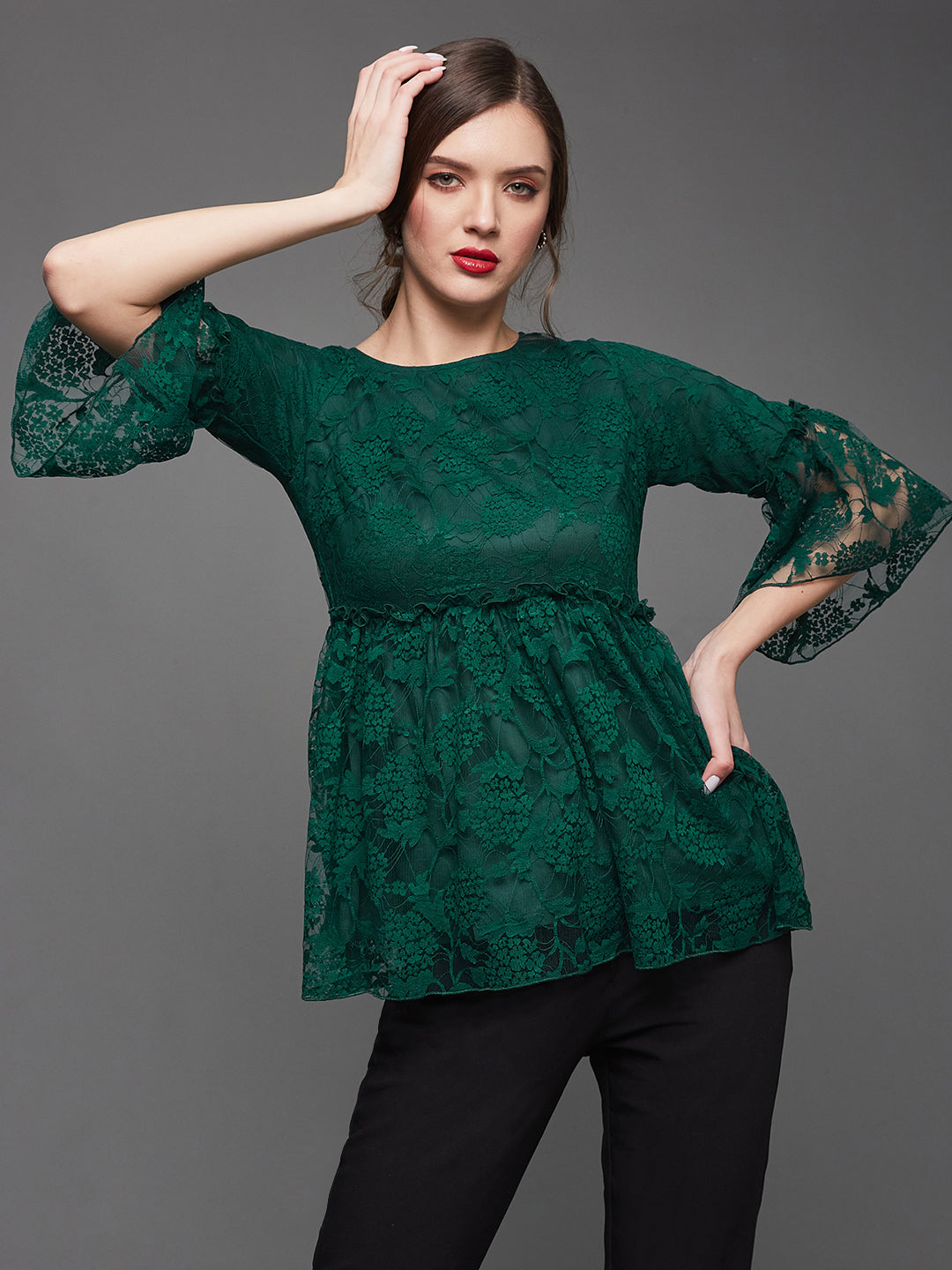 Women's Forest Green Relaxed Fit Regular Lace Top