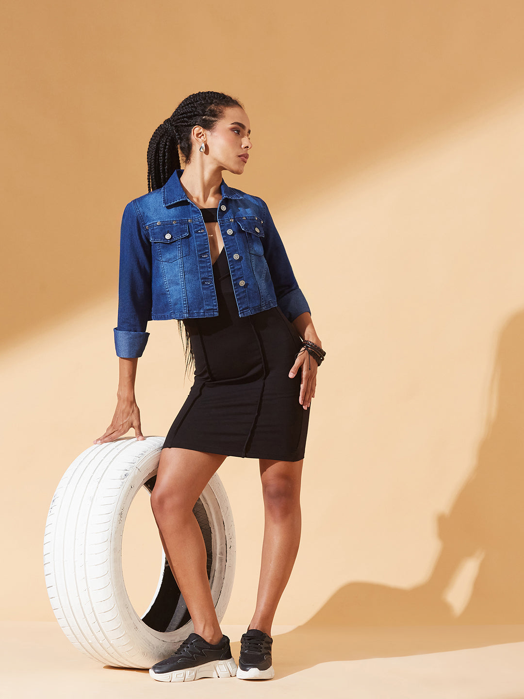 Navy-Blue Solid Polo Neck Full Sleeves Buttoned Denim Embellished Cropped Jacket for Women