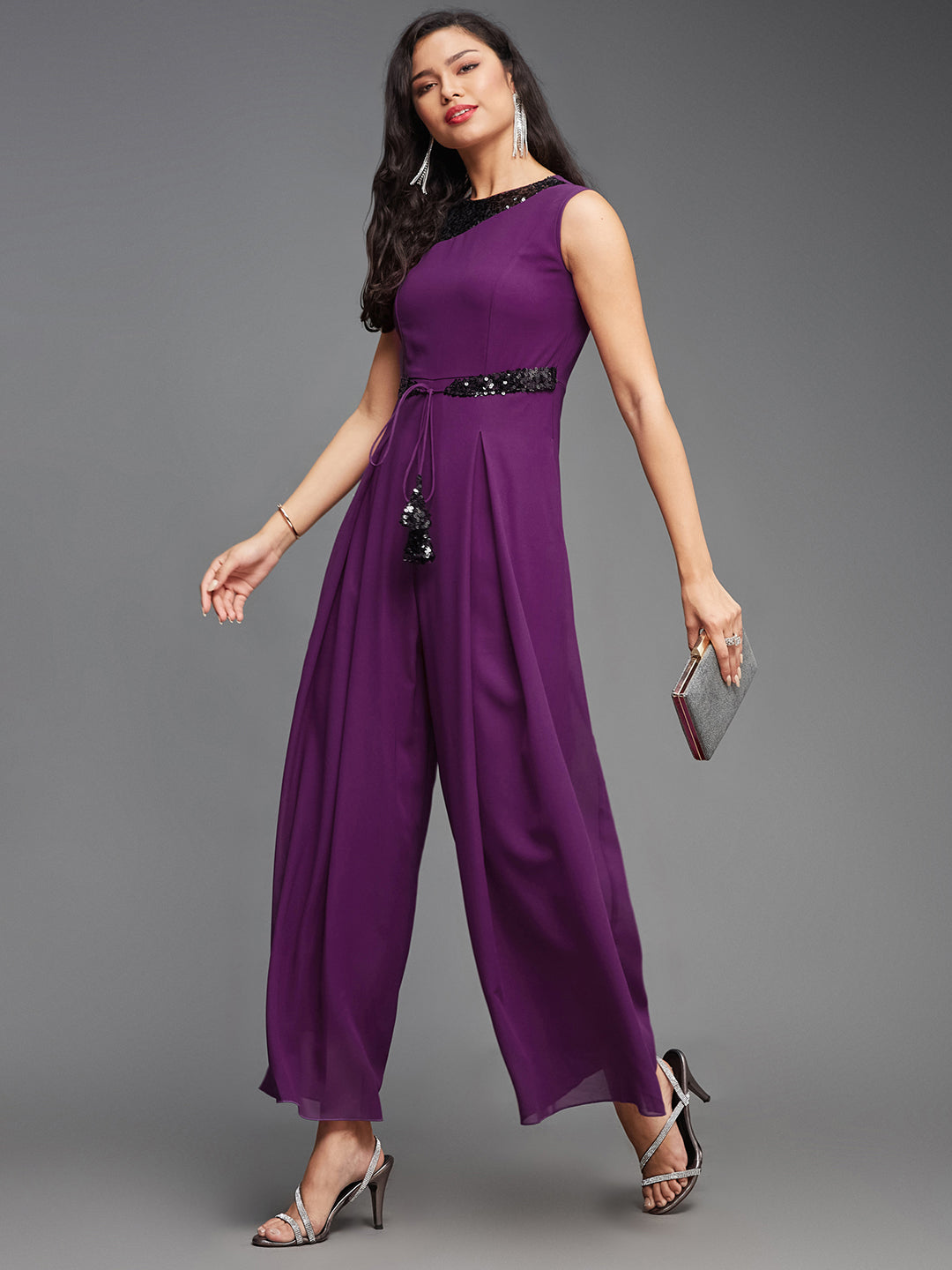 Women's Dark Purple Sequined Relaxed Fit Sleeveless Round Neck Ankle-Length Straight Party Jumpsuit