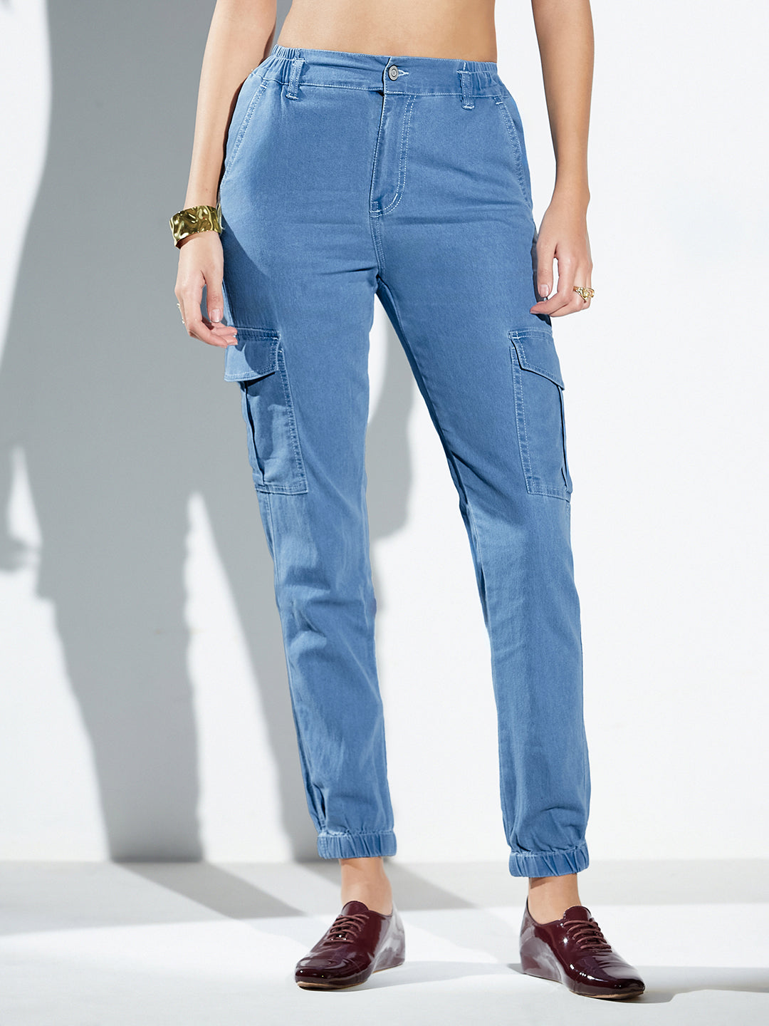 Light-Blue Regular High-Rise Regular Stretchable Light Weight Denim Joggers For Women