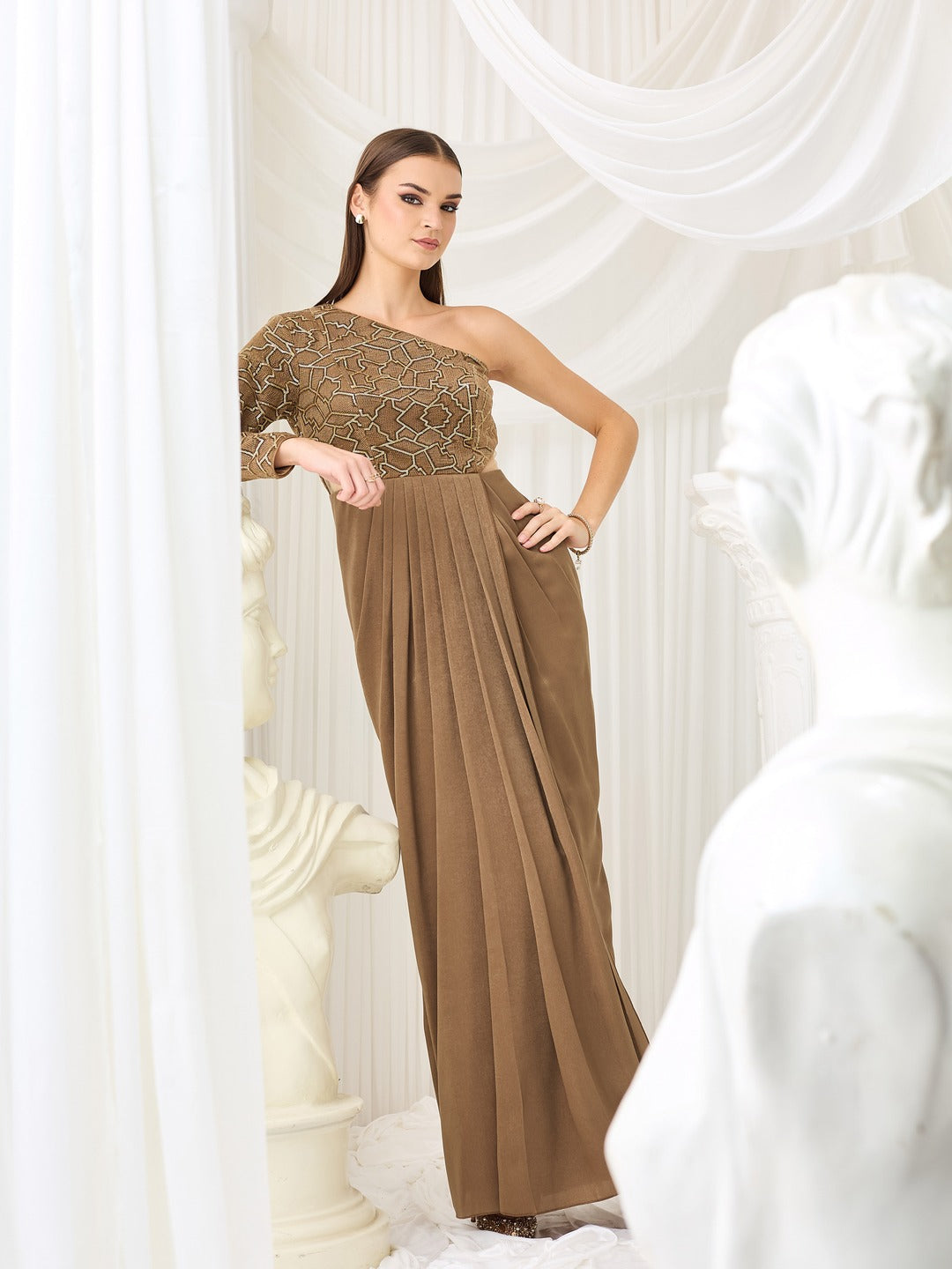 Dark Beige One Shoulder Full-Sleeve Embellished Draped Velvet Maxi Dress for Women