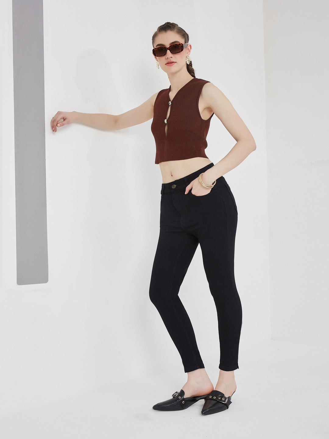 Black Skinny high-rise Cropped Stretchable Denim Jeans for Women