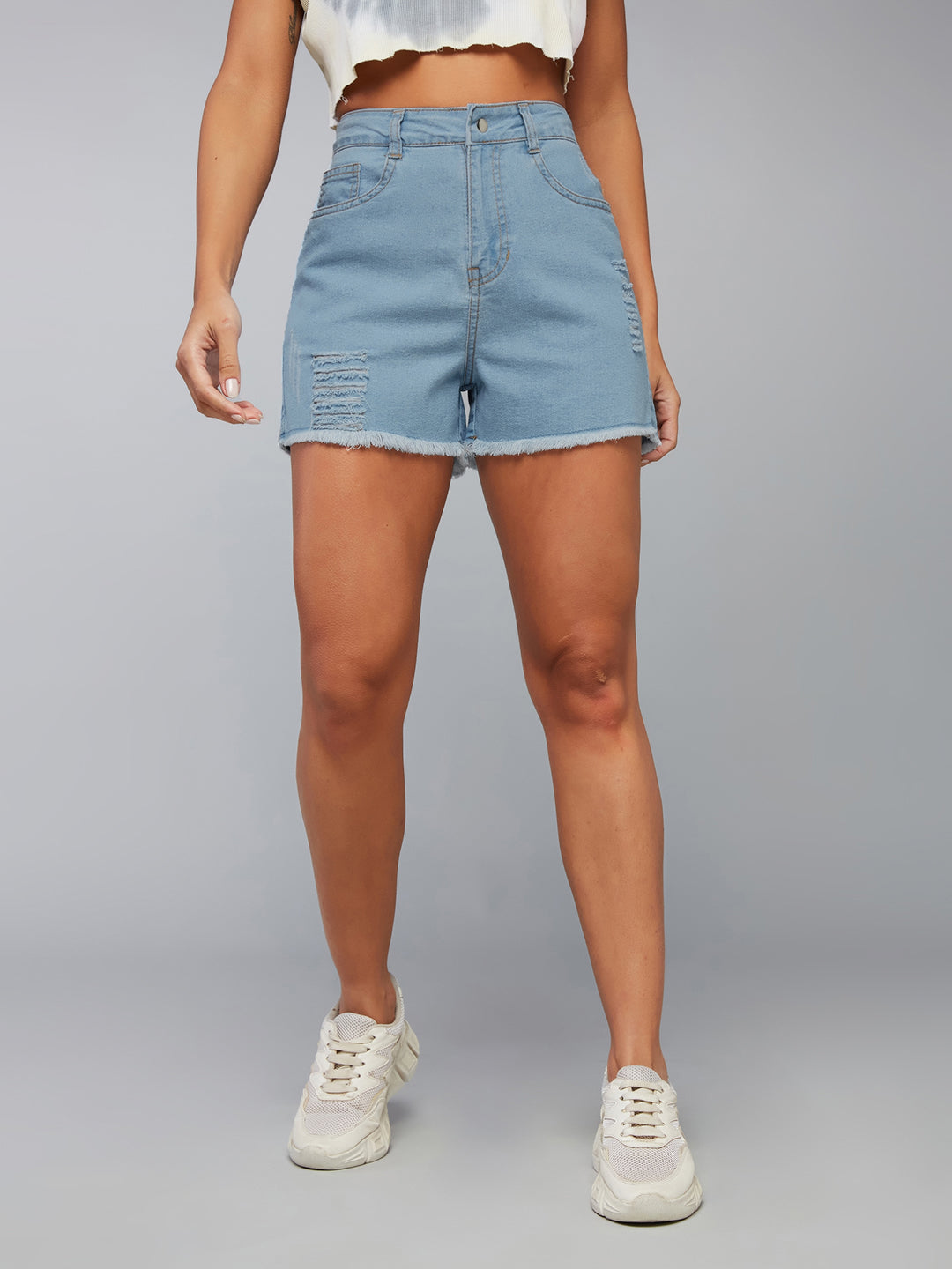Women's Blue Relaxed Mid Rise High Distress Regular Non Stretchable Denim Shorts