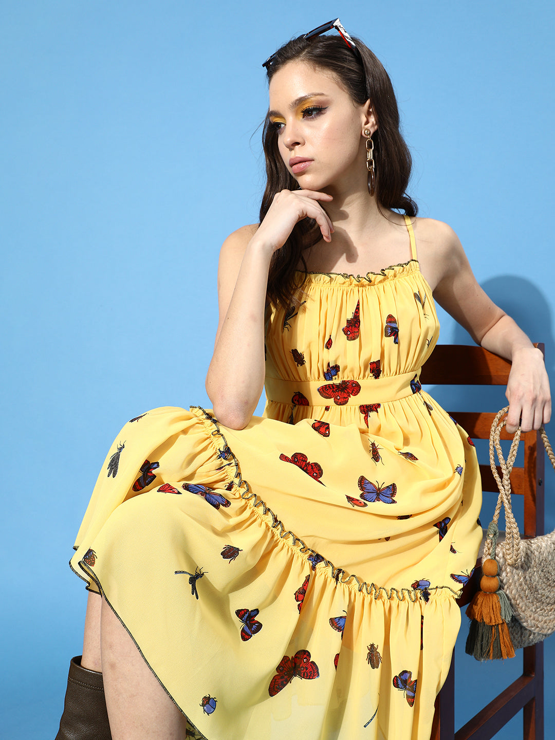 Women's Multicolored-Base-Yellow Square Sleeveless Printed Gathered Midi Dress