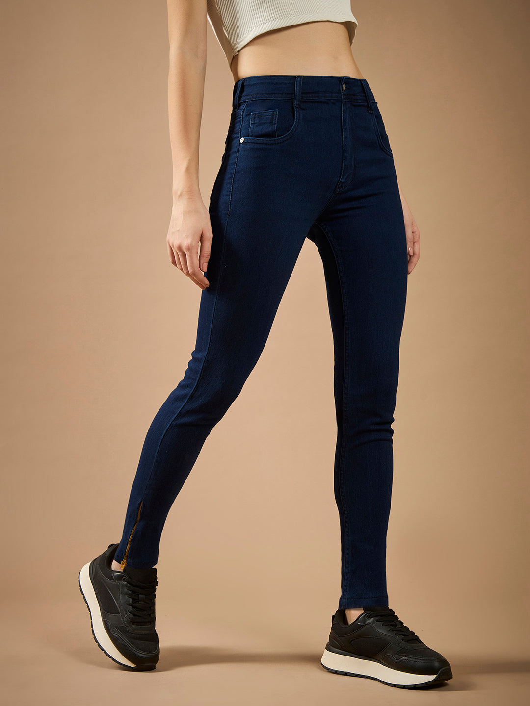 Women's Navy Blue Skinny Fit Mid Rise Cropped Length Zipper Detailing Denim Stretchable Jeans