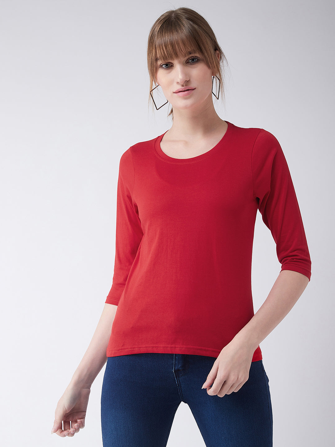 Women's Red Round Neck 3/4 Sleeves Solid Basic Top