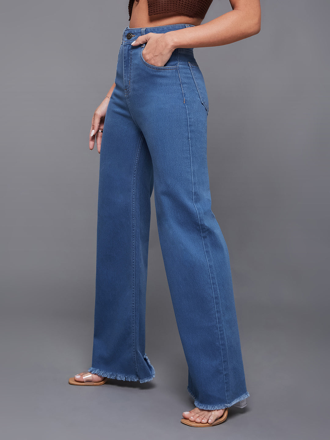 24/7 Comfort Women's Mid Blue Wide-Leg High-Rise Stretchable Denim Jeans