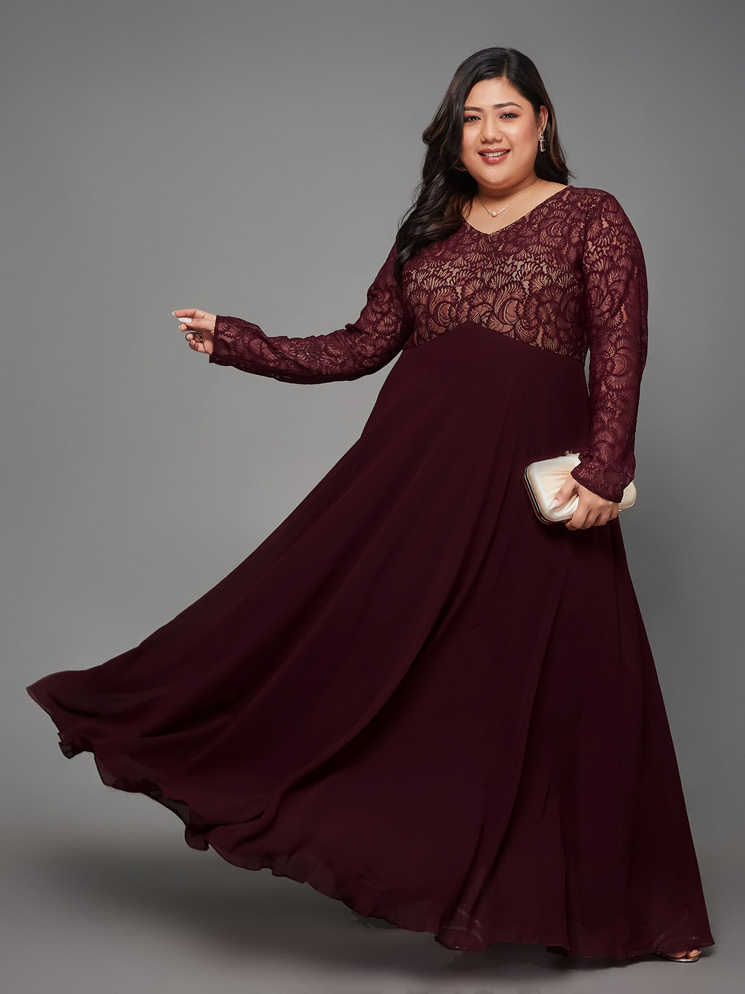 Women's Wine V-Neck Full Sleeve Self Design Lace-Overlaid Georgette Maxi Dress