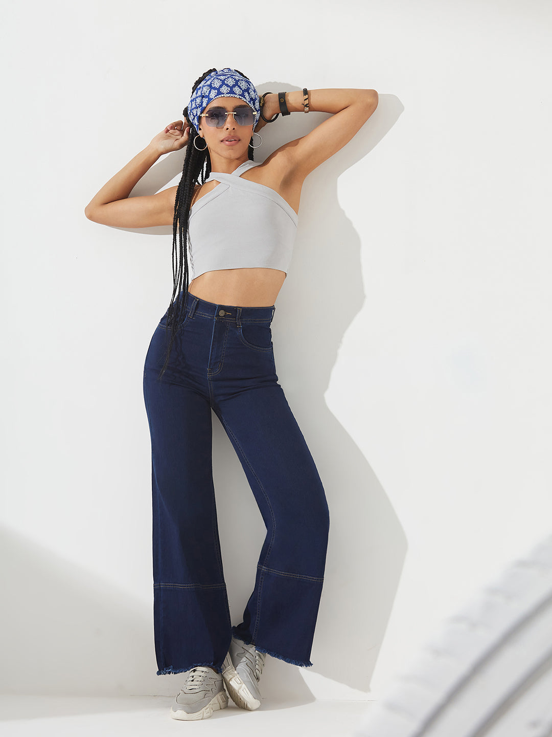 Navy Blue Wide Leg High-Rise Stretchable Denim Jeans For Women