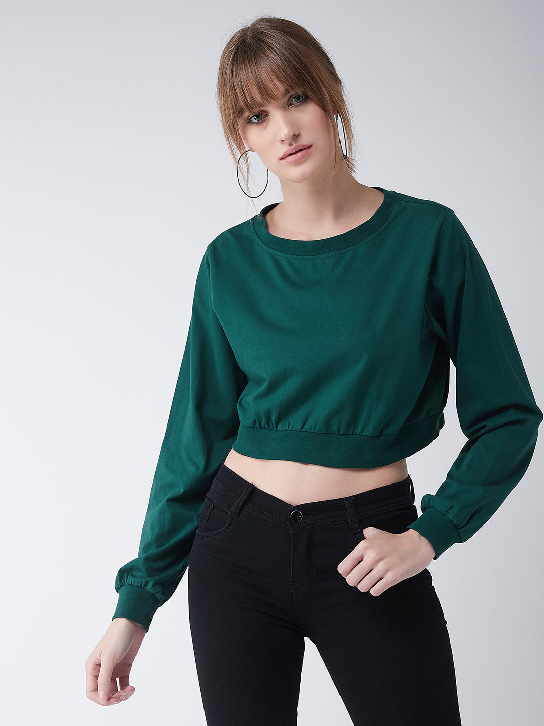 Women's Green Round Neck Full Sleeves Solid Crop Top