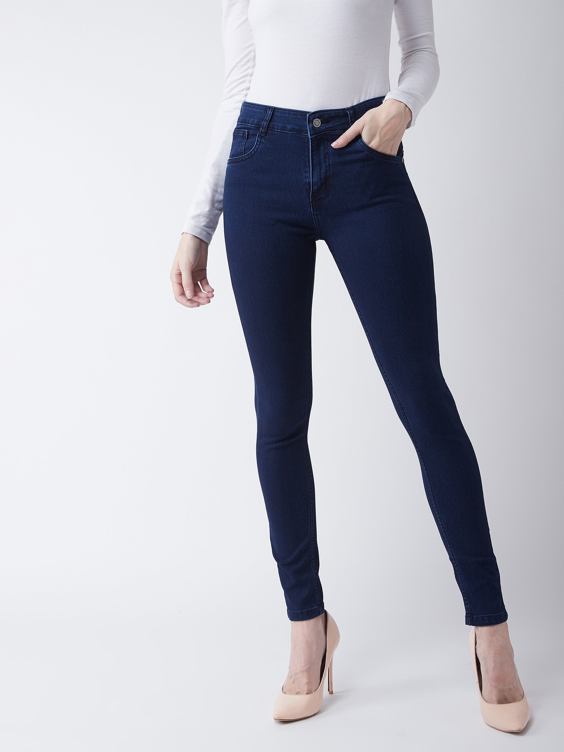 Women's Navy Blue Skinny Fit Mid Rise Regular Length Denim Stretchable Jeans