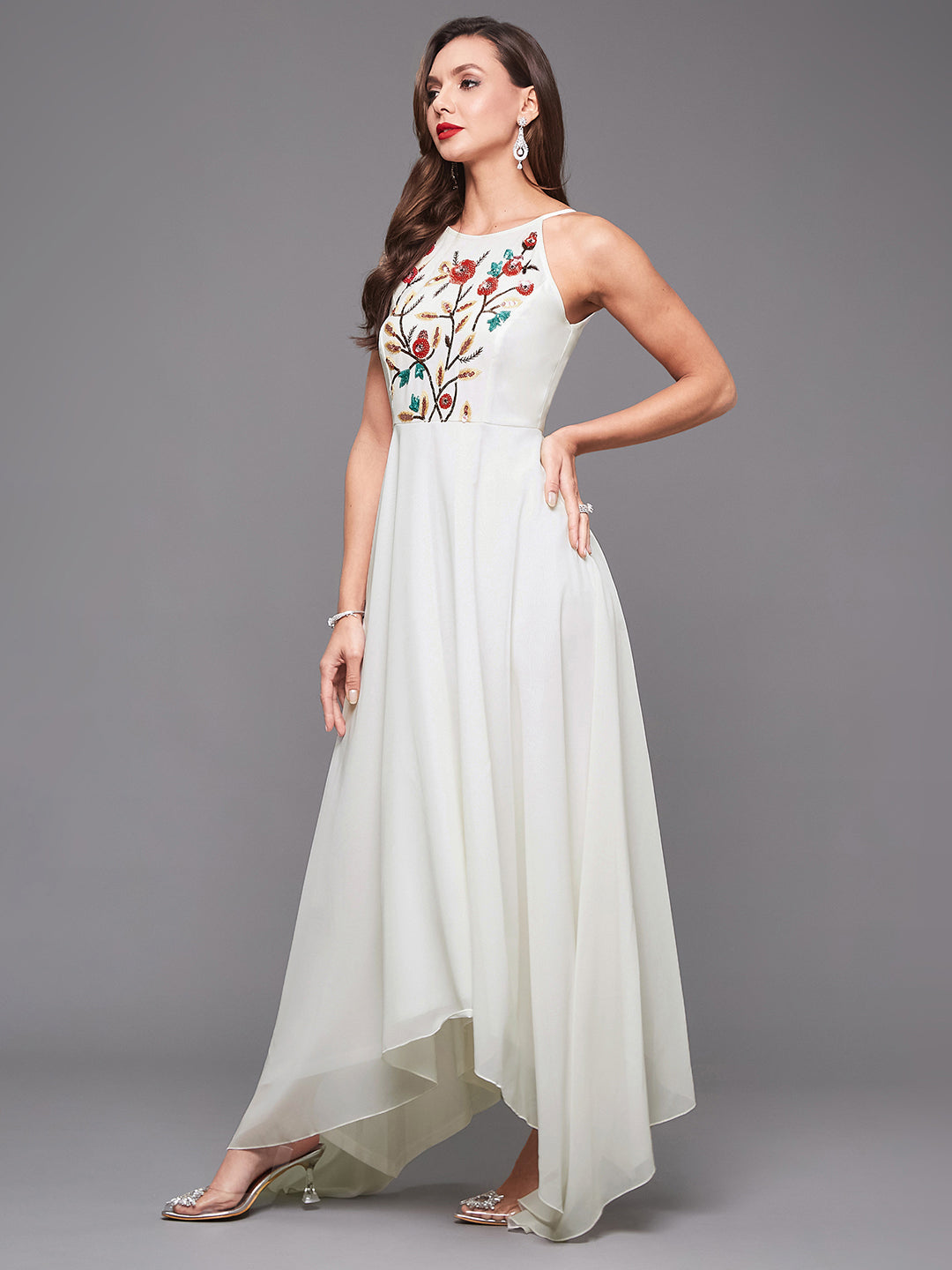 Women's Off White Halter Neck Sleeveless Solid Embellished Maxi Dress