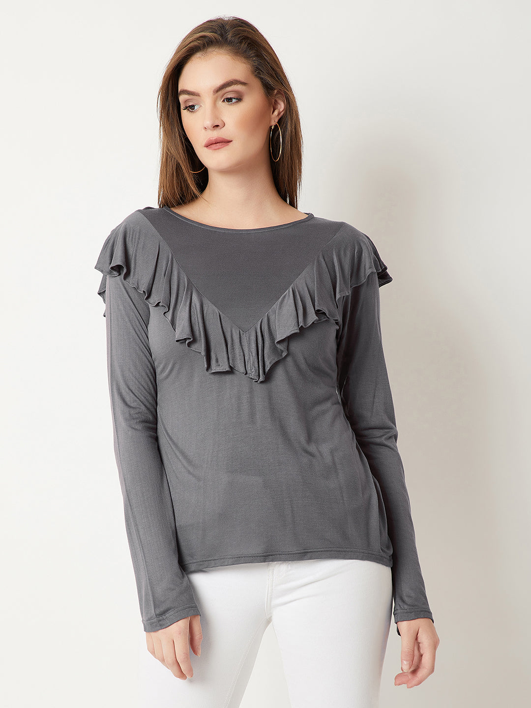 Women's Grey Round Neck Full Sleeves Solid Ruffled Top