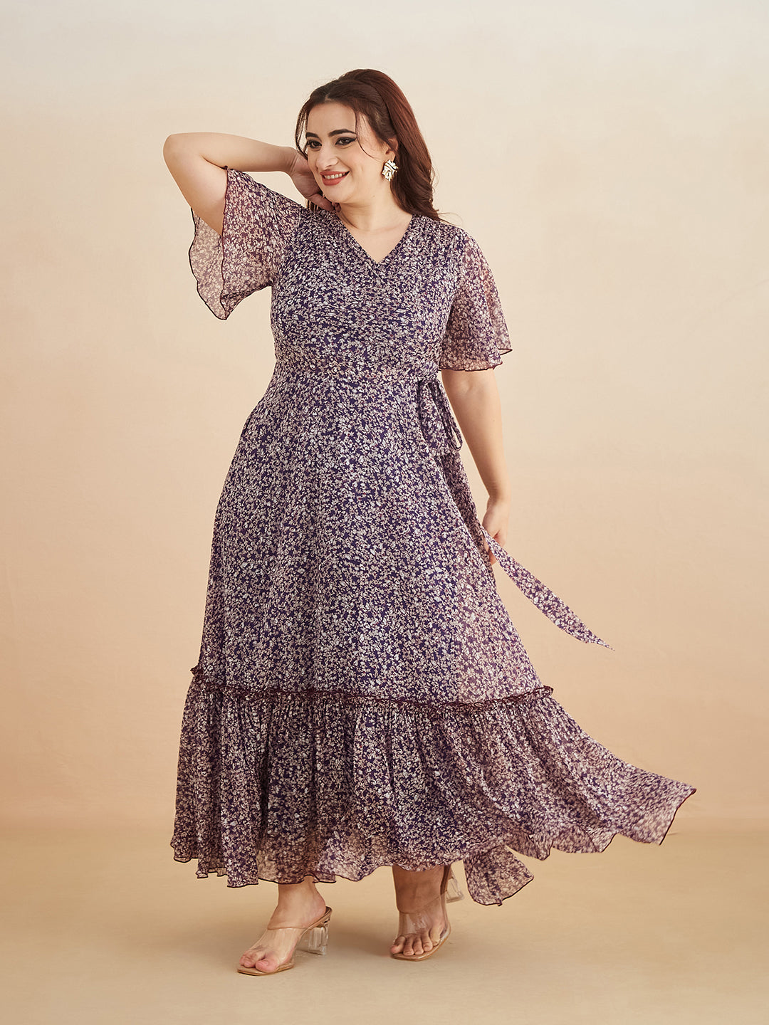 Purple V Neck Flared Sleeve Floral Wrap Chiffon Maxi Dress for Women